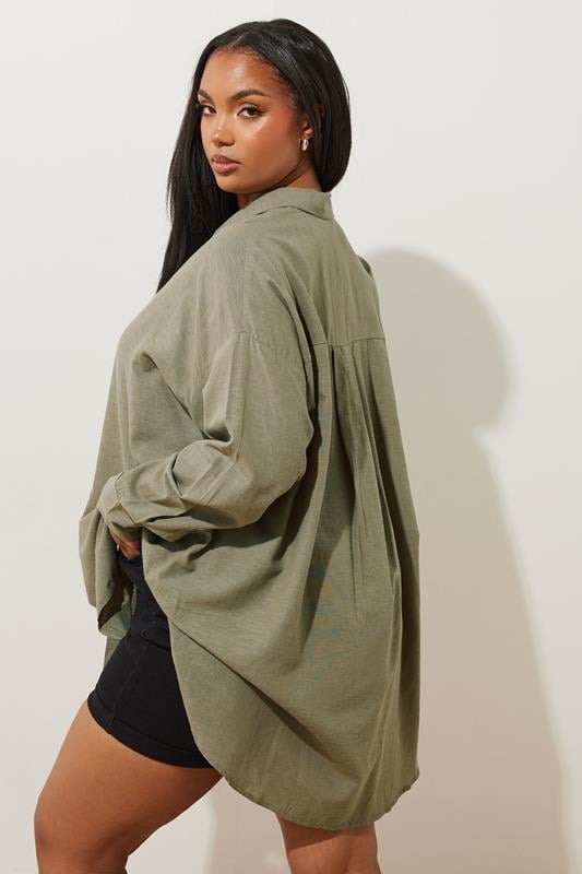 Evans YOURS Curve Khaki Green Long Sleeve Linen Shirt