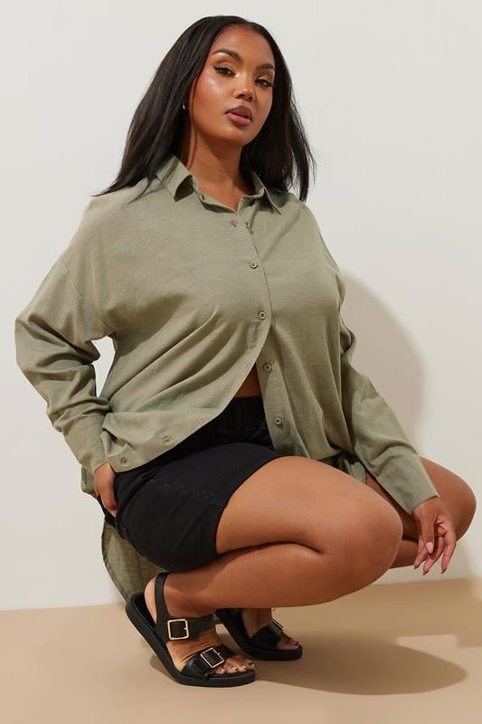 Evans YOURS Curve Khaki Green Long Sleeve Linen Shirt