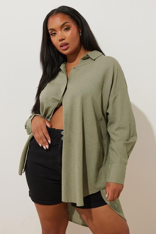 evans YOURS Curve Khaki Green Long Sleeve Linen Shirt