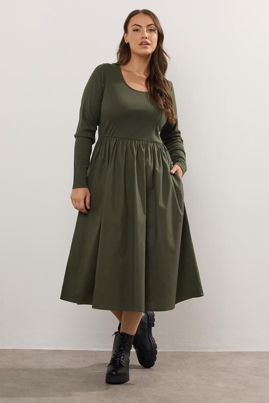 Evans YOURS Curve Khaki Green Mixed Rib Midaxi Dress