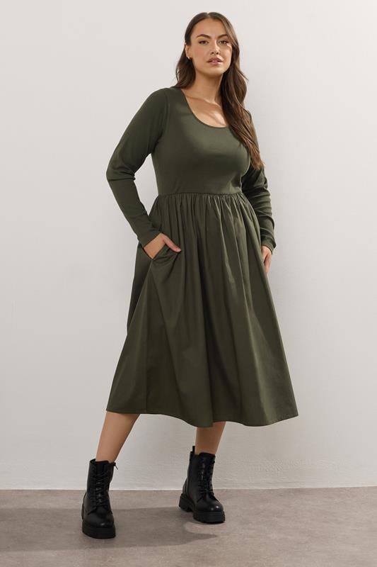 evans YOURS Curve Khaki Green Mixed Rib Midaxi Dress