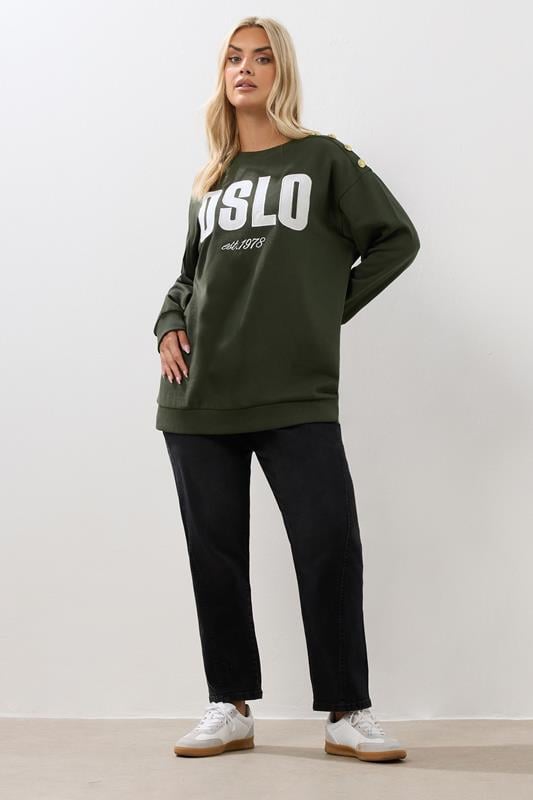 Evans YOURS Curve Khaki Green 'Oslo' Slogan Sweatshirt