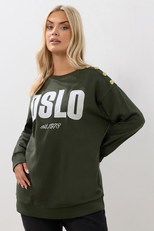 evans YOURS Curve Khaki Green 'Oslo' Slogan Sweatshirt