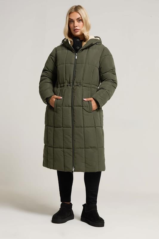 Evans YOURS Curve Khaki Green Padded Midi Puffer Coat