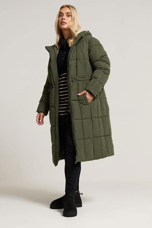 evans YOURS Curve Khaki Green Padded Midi Puffer Coat