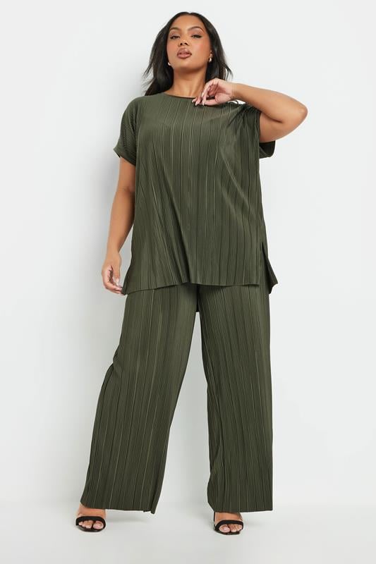 Evans YOURS Curve Khaki Green Plisse Wide Leg Trousers