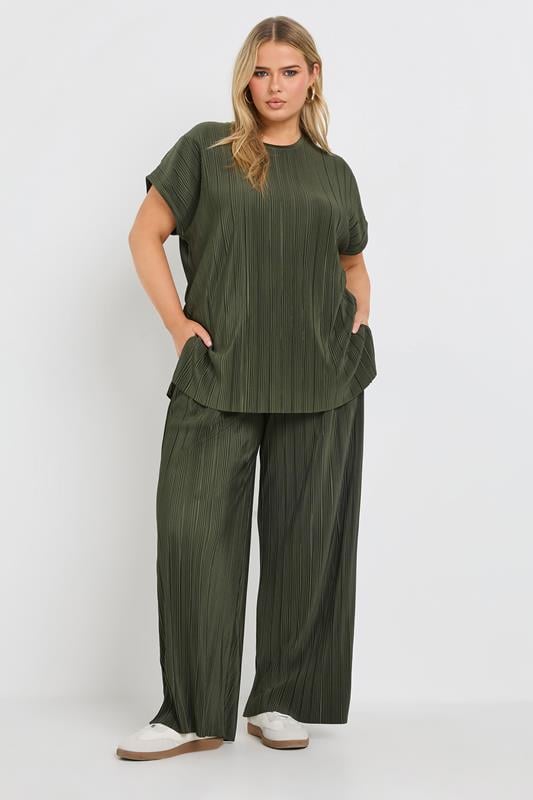 Evans YOURS Curve Khaki Green Plisse Wide Leg Trousers