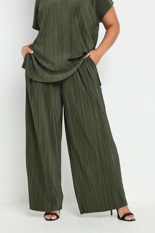evans YOURS Curve Khaki Green Plisse Wide Leg Trousers