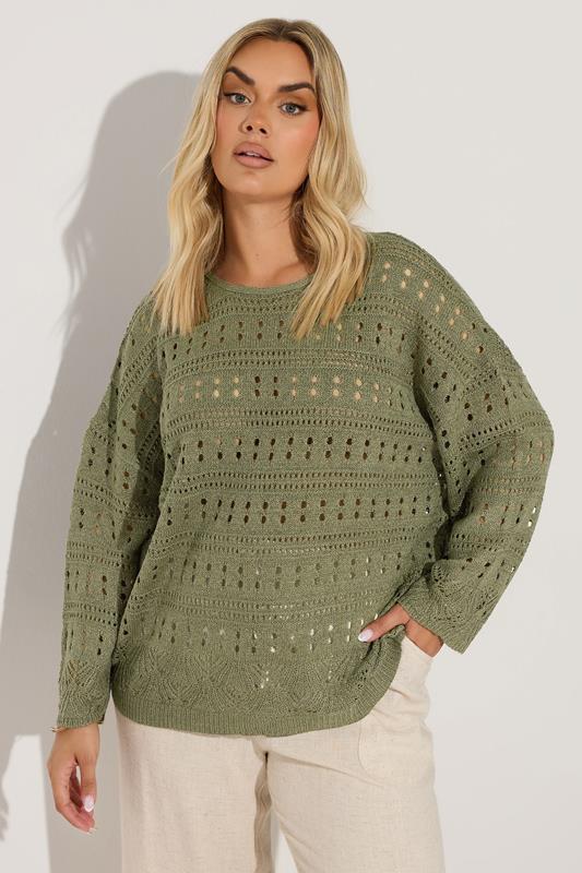 Evans YOURS Curve Khaki Green Pointelle Knitted Jumper