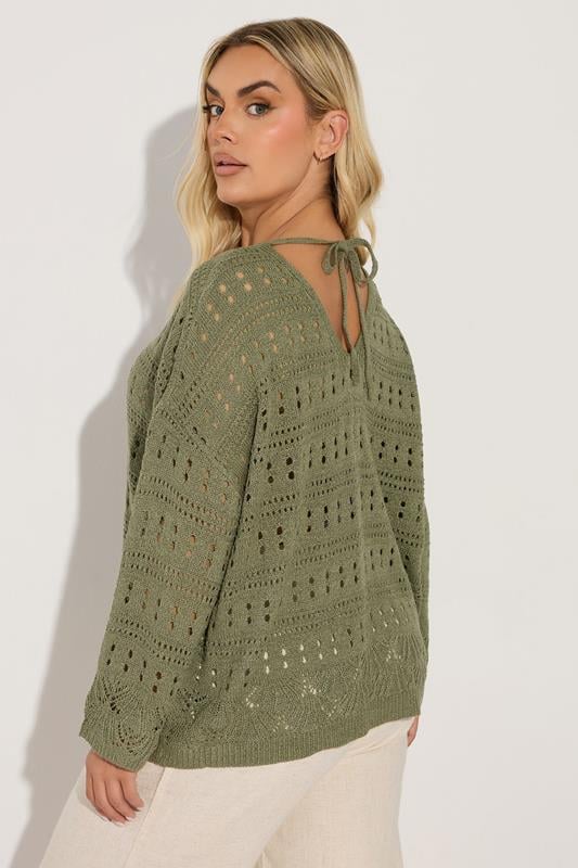Evans YOURS Curve Khaki Green Pointelle Knitted Jumper
