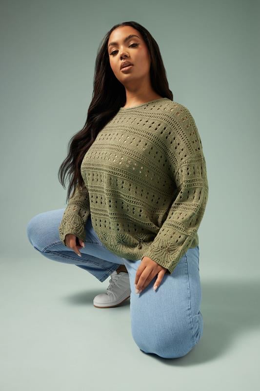 evans YOURS Curve Khaki Green Pointelle Knitted Jumper