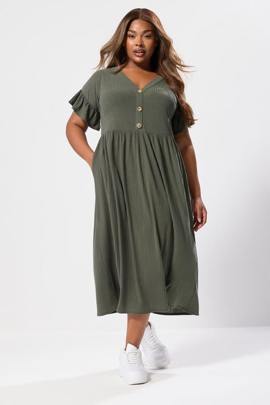 Evans YOURS Curve Khaki Green Ribbed Frill Midaxi Dress