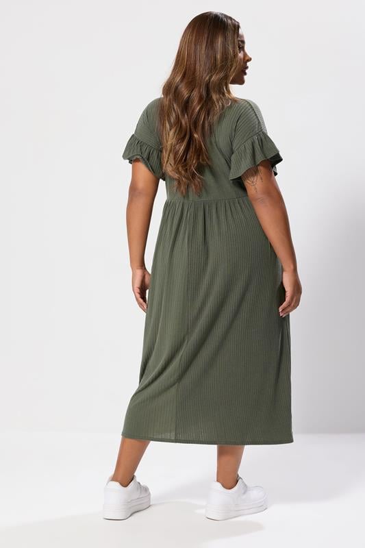 Evans YOURS Curve Khaki Green Ribbed Frill Midaxi Dress