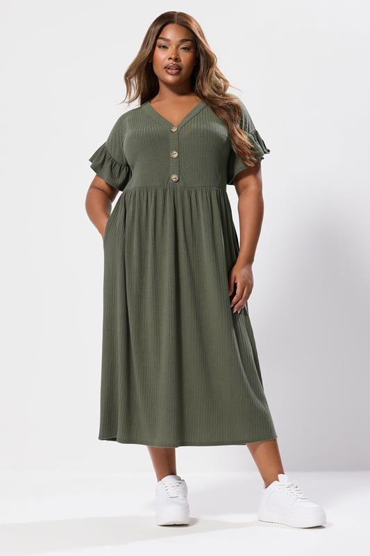 evans YOURS Curve Khaki Green Ribbed Frill Midaxi Dress