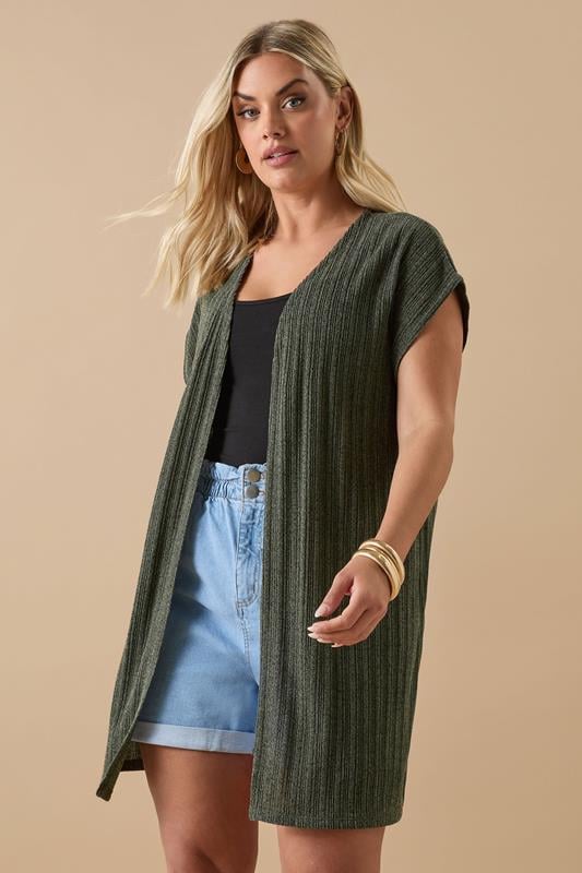 evans YOURS Curve Khaki Green Ribbed Jersey Cardigan