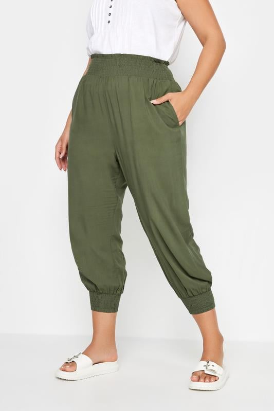 evans YOURS Curve Khaki Green Shirred Harem Trousers