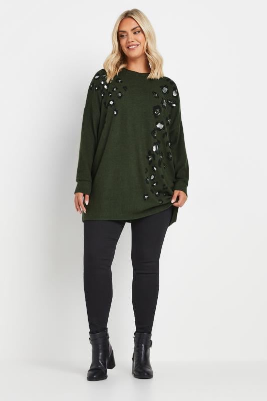 Evans YOURS Curve Khaki Green Soft Touch Leopard Print Jumper