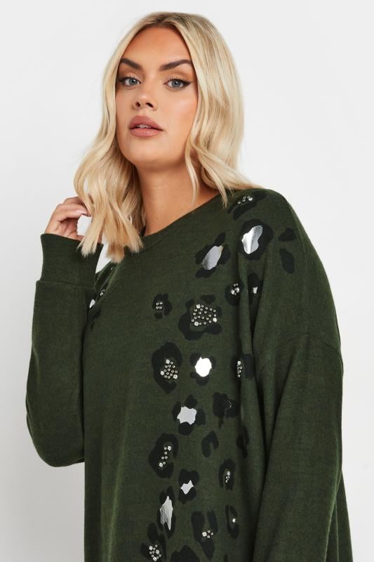 Evans YOURS Curve Khaki Green Soft Touch Leopard Print Jumper