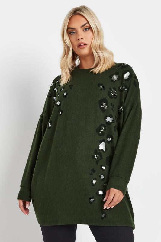 evans YOURS Curve Khaki Green Soft Touch Leopard Print Jumper