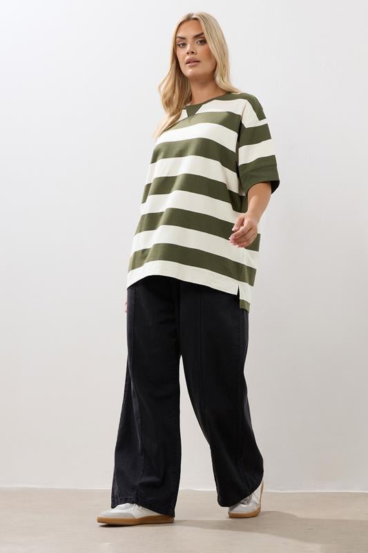 Evans YOURS Curve Khaki Green Stripe Heavyweight T-Shirt