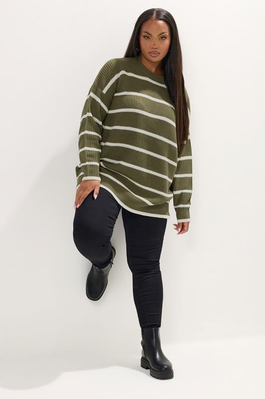 Evans YOURS Curve Khaki Green Stripe Knitted Jumper