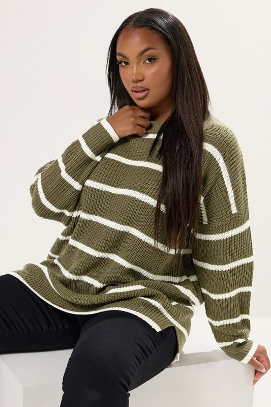 evans YOURS Curve Khaki Green Stripe Knitted Jumper
