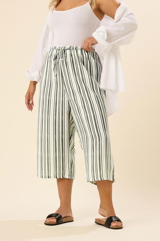 Evans YOURS Curve Khaki Green Stripe Linen Look Culottes