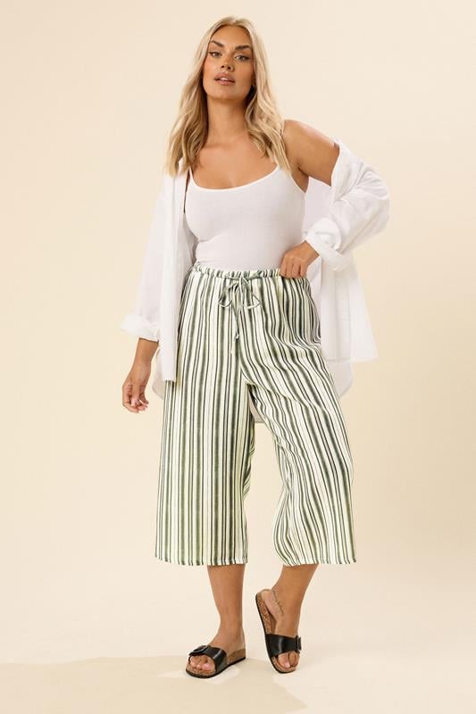 evans YOURS Curve Khaki Green Stripe Linen Look Culottes