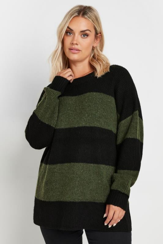 evans YOURS Curve Khaki Green Striped Knitted Jumper