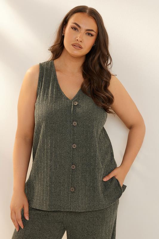 evans YOURS Curve Khaki Green Textured Button Front Waistcoat