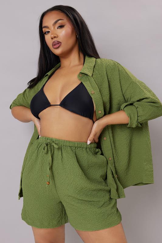 Evans YOURS Curve Khaki Green Textured Pull On Shorts