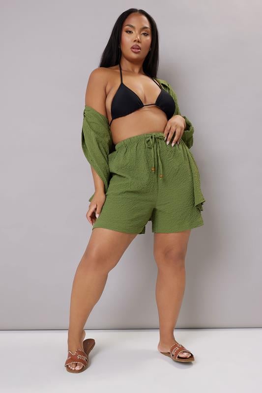 Evans YOURS Curve Khaki Green Textured Pull On Shorts