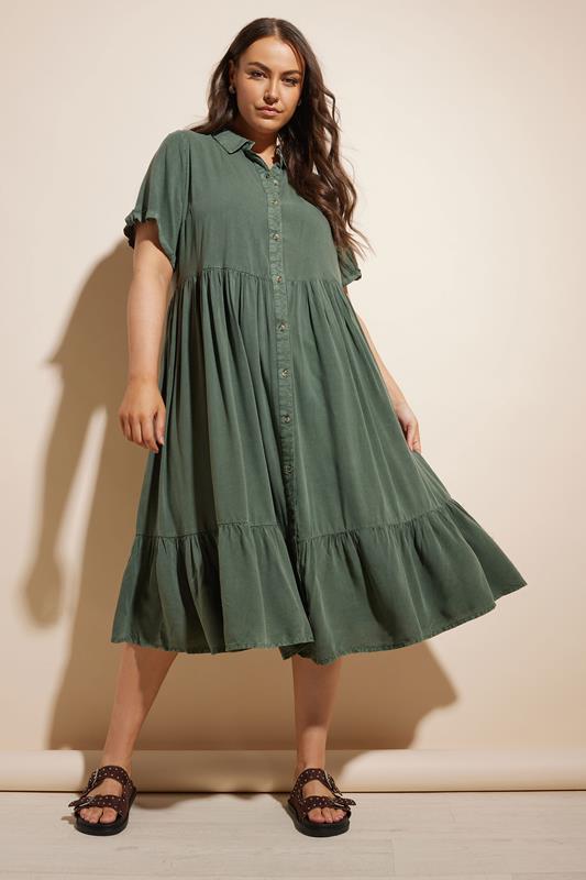 Evans YOURS Curve Khaki Green Tiered Maxi Chambray Shirt Dress