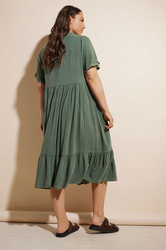 Evans YOURS Curve Khaki Green Tiered Maxi Chambray Shirt Dress
