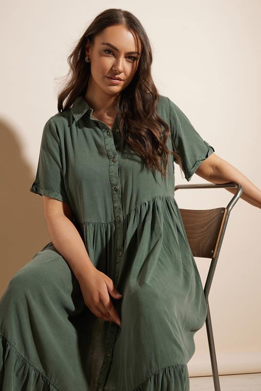 Evans YOURS Curve Khaki Green Tiered Maxi Chambray Shirt Dress