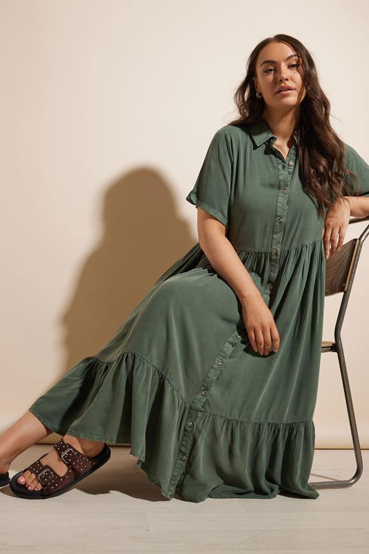 evans YOURS Curve Khaki Green Tiered Maxi Chambray Shirt Dress