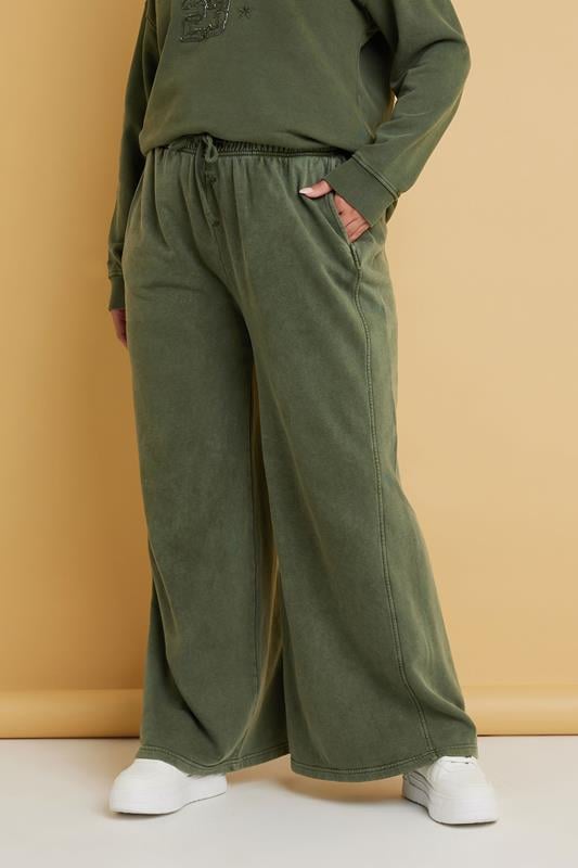Evans YOURS Curve Khaki Green Washed Wide Leg Joggers