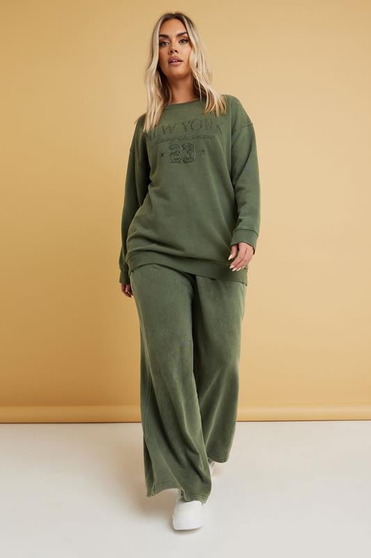evans YOURS Curve Khaki Green Washed Wide Leg Joggers