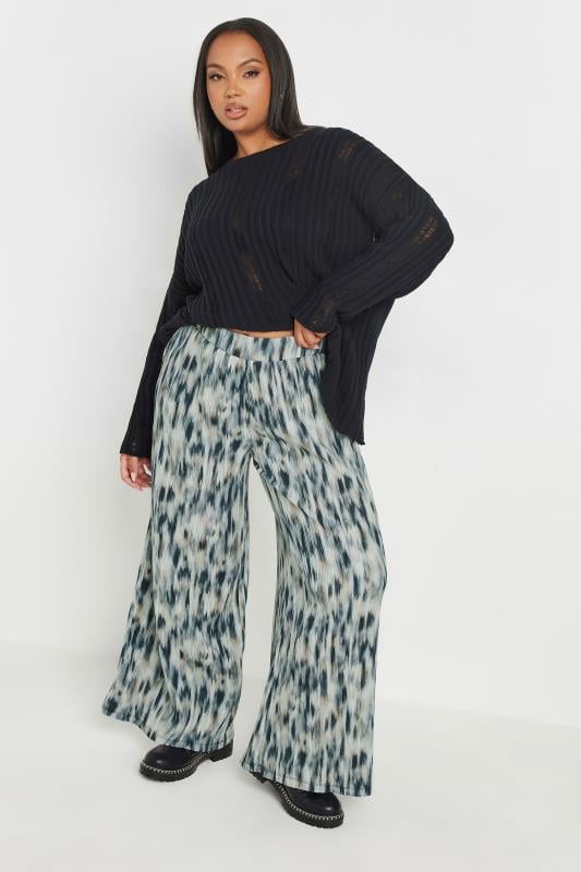Evans YOURS Curve Light Blue Abstract Print Wide Leg Trousers