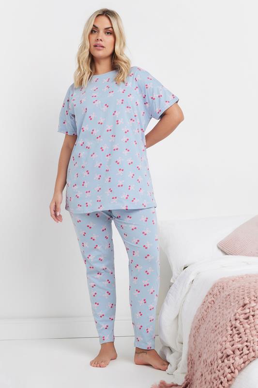 Evans YOURS Curve Light Blue Cherry Bow Print Pyjama Set