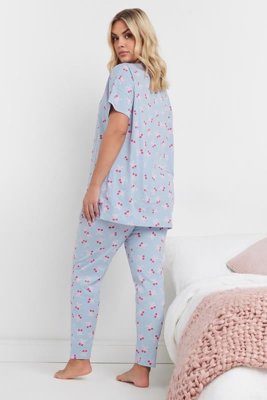 Evans YOURS Curve Light Blue Cherry Bow Print Pyjama Set