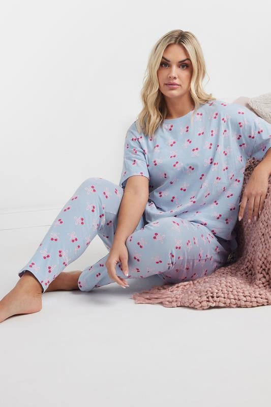 evans YOURS Curve Light Blue Cherry Bow Print Pyjama Set