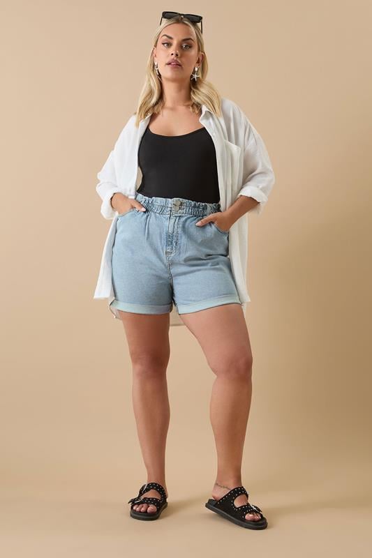 Evans YOURS Curve Light Blue Elasticated Waist Turn Up Denim Shorts