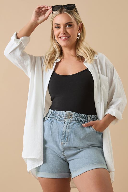 evans YOURS Curve Light Blue Elasticated Waist Turn Up Denim Shorts