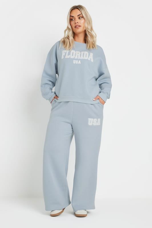 Evans YOURS Curve Light Blue Slogan Wide Leg Joggers