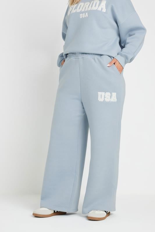evans YOURS Curve Light Blue Slogan Wide Leg Joggers