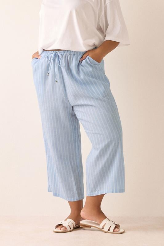 Evans YOURS Curve Light Blue Stripe Linen Cropped Trousers