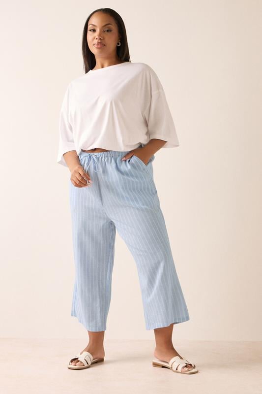 Evans YOURS Curve Light Blue Stripe Linen Cropped Trousers
