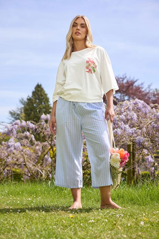 evans YOURS Curve Light Blue Stripe Linen Cropped Trousers