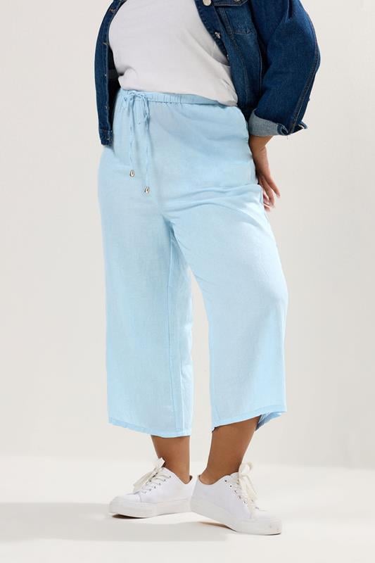 evans YOURS Curve Light Blue Wide Leg Linen Culottes